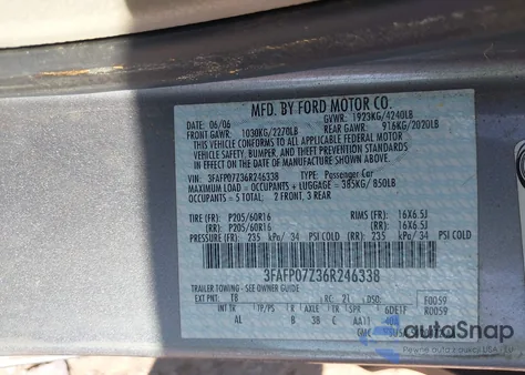 2006 Ford Fusion Se z USA, uszkodzony, nr VIN 3FAFP07Z36R246338